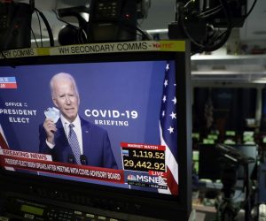 epa08810141 US President-elect Joe Biden is seen during his statement on television monitors in the briefing room at the White House in Washington, DC, USA, 09 November 2020.  EPA/Yuri Gripas / POOL