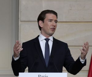 epa08811822 Austrian Chancellor Sebastian Kurz delivers his speech during a conference with French President Emmanuel Macron and a videoconference with Dutch Prime Minister Mark Rutte, German Chancellor Angela Merkel, European Council President Charles Michel and European Commission President Ursula von der Leyen at the Elysee Palace, in Paris, France, 10 November 2020. The leaders of France, Germany, Austria and the EU met to discuss Europe's response to terrorism threats after a string of attacks. Macron and Kurz are meeting in person after both of their countries have lost lives to Islamic extremist attackers in recent weeks.  EPA/MICHEL EULER / POOL MAXPPP OUT