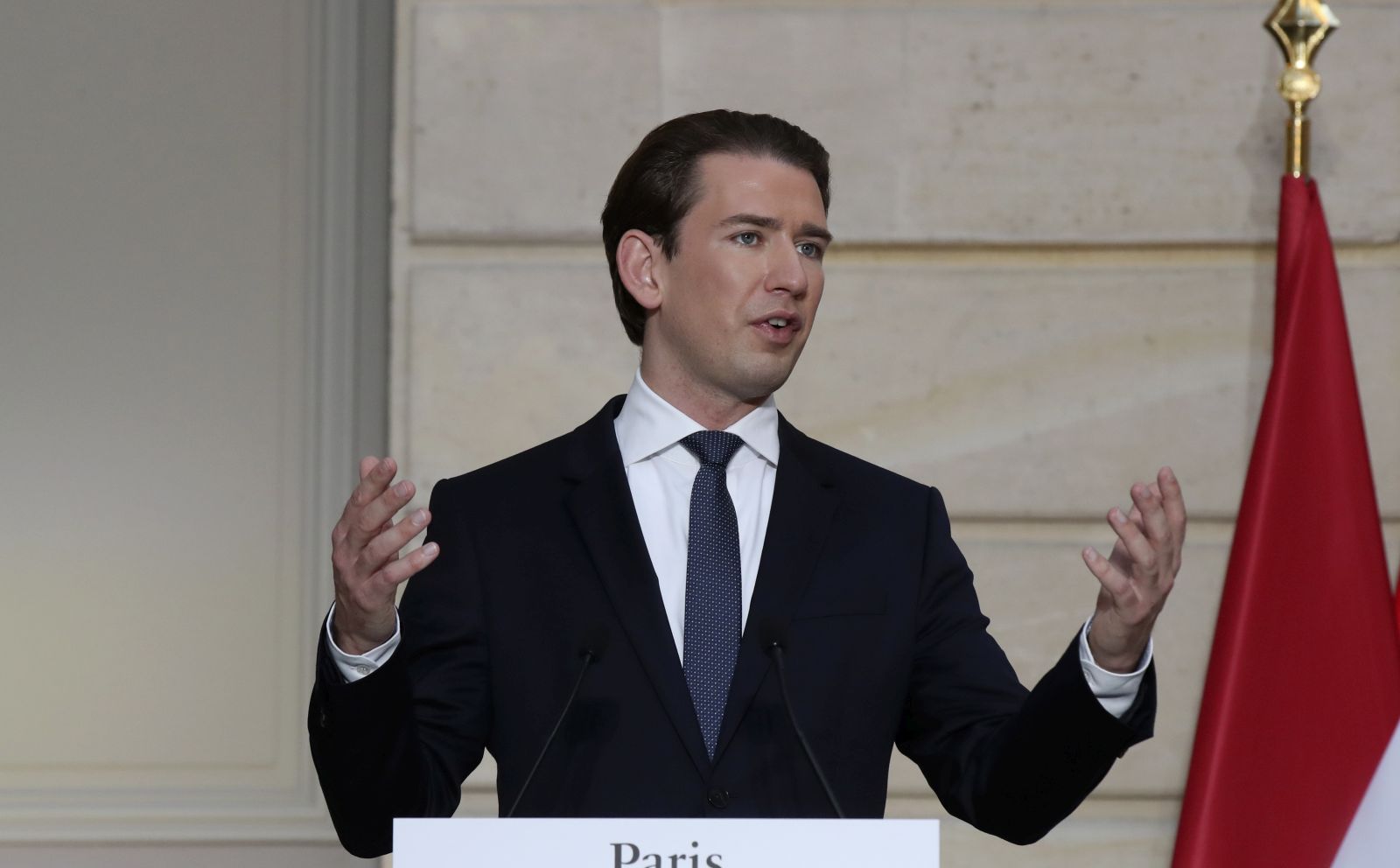 epa08811822 Austrian Chancellor Sebastian Kurz delivers his speech during a conference with French President Emmanuel Macron and a videoconference with Dutch Prime Minister Mark Rutte, German Chancellor Angela Merkel, European Council President Charles Michel and European Commission President Ursula von der Leyen at the Elysee Palace, in Paris, France, 10 November 2020. The leaders of France, Germany, Austria and the EU met to discuss Europe's response to terrorism threats after a string of attacks. Macron and Kurz are meeting in person after both of their countries have lost lives to Islamic extremist attackers in recent weeks.  EPA/MICHEL EULER / POOL MAXPPP OUT