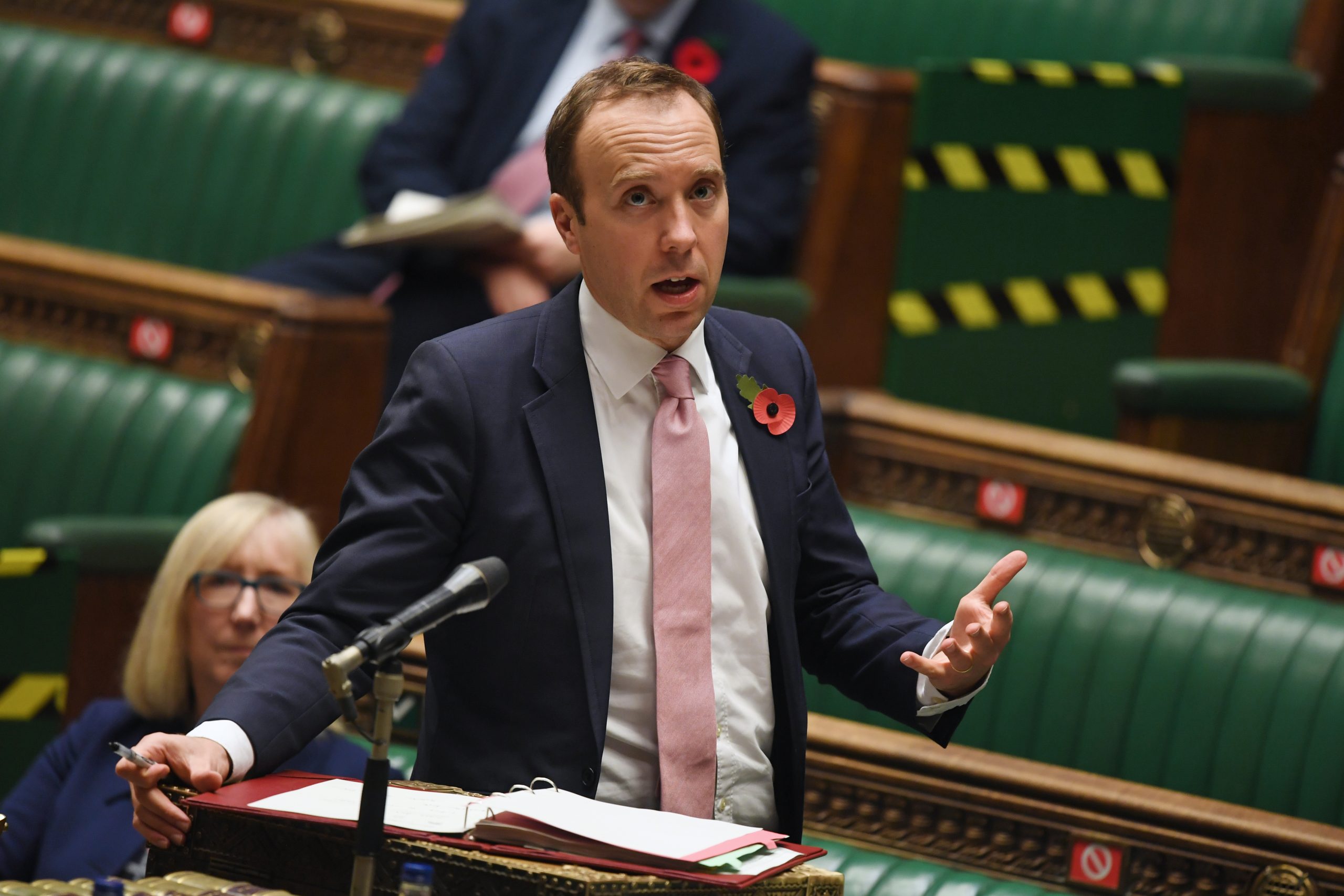 epa08812303 A handout photograph released by the UK Parliament shows Britain's Health secretary Matt Hancock giving a COVID-19 statement in the House of Commons Chamber in London, Britain, 10 November 2020.  EPA/JESSICA TAYLOR / UK PARLIAMENT HANDOUT MANDATORY CREDIT: UK PARLIAMENT HANDOUT EDITORIAL USE ONLY/NO SALES