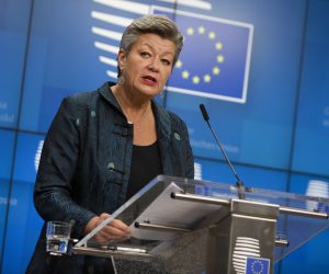 epa08818071 European Commissioner for Home Affairs Ylva Johansson during a media conference after a meeting of EU interior ministers at the European Council building in Brussels, Belgium, 13 November 2020.  EPA/Virginia Mayo / POOL