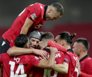 epa08827530 Albania players celebrate during the UEFA Nations League soccer match between Albania and Belarus in Tirana, Albania, 18 November 2020.  EPA/Malton Dibra