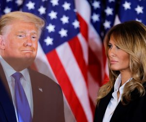 2020 U.S. presidential election in Washington D.C. U.S. President Donald Trump accompanied by first lady Melania Trump reacts to early results from the 2020 U.S. presidential election in the East Room of the White House in Washington, U.S., November 4, 2020. REUTERS/Carlos Barria CARLOS BARRIA