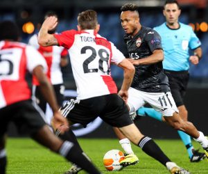 epa08802102 Chidera Ejuke (R) of CSKA Moscow in action during a UEFA Europa League group K match between Feyenoord and CSKA Moscow in the Kuip in Rotterdam, The Netherlands, 05 November 2020 (issued 06 November 2020).  EPA/Pieter Stam de Jonge