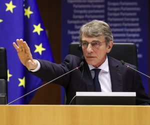 epa08813556 European Parliament President David Sassoli reacts to the people protesting in the building during a plenary session of the European Parliament, in Brussels, Belgium, 11 November 2020.  EPA/YVES HERMAN / POOL