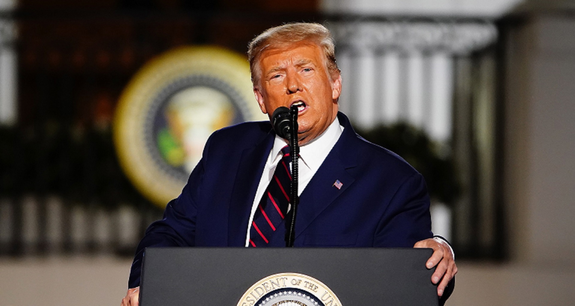 epa08802877 (FILE) - US President Donald J. Trump delivers his acceptance speech on the final night of the Republican National Convention on the South Lawn of the White House in Washington, DC, USA, 27 August 2020 (reissued 06 November 2020). According to media reports citing election officials, US Democratic Presidential candidate Joe Biden has taken the lead in Pennsylvania. An official win of the state would push Biden over the 270 electoral votes necessary to become the 46th President of the United States.  EPA/JIM LO SCALZO *** Local Caption *** 55537332