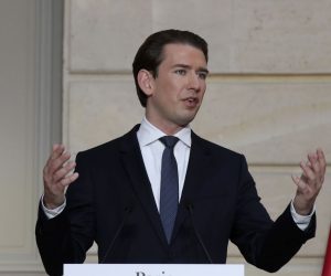 epa08811822 Austrian Chancellor Sebastian Kurz delivers his speech during a conference with French President Emmanuel Macron and a videoconference with Dutch Prime Minister Mark Rutte, German Chancellor Angela Merkel, European Council President Charles Michel and European Commission President Ursula von der Leyen at the Elysee Palace, in Paris, France, 10 November 2020. The leaders of France, Germany, Austria and the EU met to discuss Europe's response to terrorism threats after a string of attacks. Macron and Kurz are meeting in person after both of their countries have lost lives to Islamic extremist attackers in recent weeks.  EPA/MICHEL EULER / POOL MAXPPP OUT