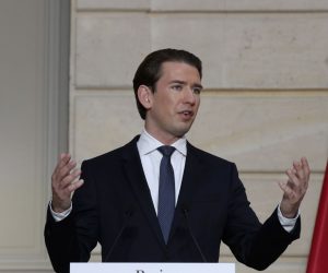 epa08811822 Austrian Chancellor Sebastian Kurz delivers his speech during a conference with French President Emmanuel Macron and a videoconference with Dutch Prime Minister Mark Rutte, German Chancellor Angela Merkel, European Council President Charles Michel and European Commission President Ursula von der Leyen at the Elysee Palace, in Paris, France, 10 November 2020. The leaders of France, Germany, Austria and the EU met to discuss Europe's response to terrorism threats after a string of attacks. Macron and Kurz are meeting in person after both of their countries have lost lives to Islamic extremist attackers in recent weeks.  EPA/MICHEL EULER / POOL MAXPPP OUT