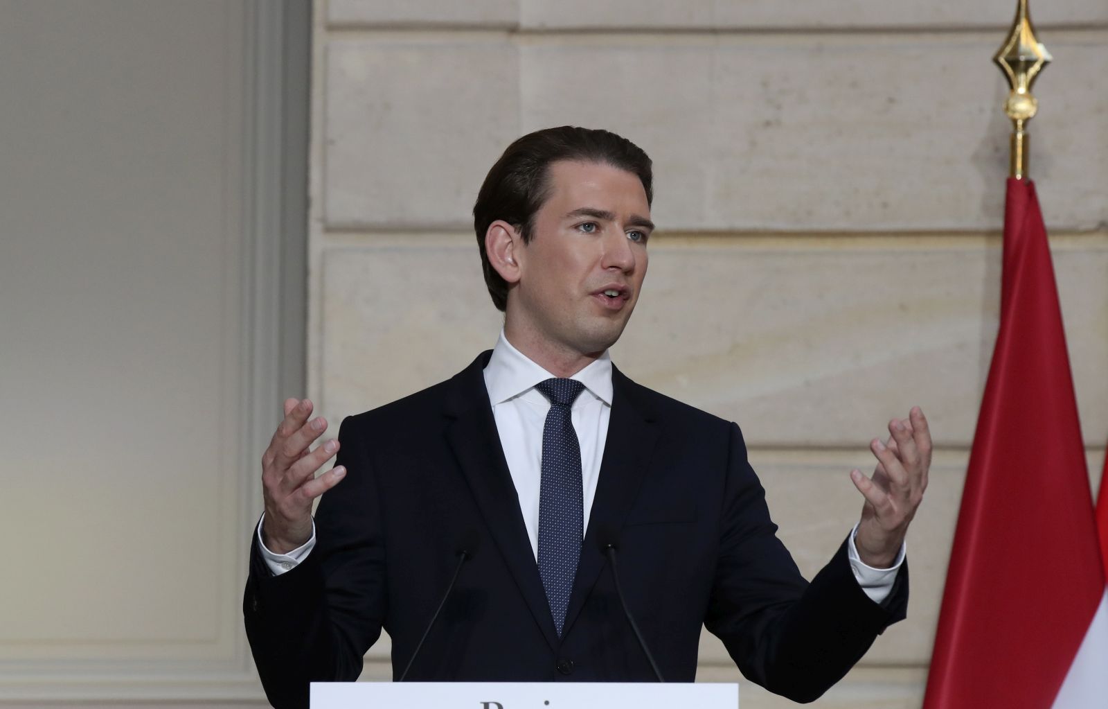 epa08811822 Austrian Chancellor Sebastian Kurz delivers his speech during a conference with French President Emmanuel Macron and a videoconference with Dutch Prime Minister Mark Rutte, German Chancellor Angela Merkel, European Council President Charles Michel and European Commission President Ursula von der Leyen at the Elysee Palace, in Paris, France, 10 November 2020. The leaders of France, Germany, Austria and the EU met to discuss Europe's response to terrorism threats after a string of attacks. Macron and Kurz are meeting in person after both of their countries have lost lives to Islamic extremist attackers in recent weeks.  EPA/MICHEL EULER / POOL MAXPPP OUT