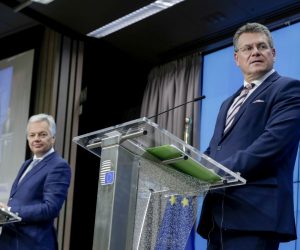 epa08825767 European Commissioner for Justice Didier Reynders (L) and EU Commission Vice President Maros Sefcovic (R) during a news conference at the end of a Informal Video conference of European Affairs Ministers in Brussels, Belgium, 17 November 2020.  European ministers' discussion mainly focused on Rule of Law and Multi annual framework (MFF), after Poland and Hungary announce a day earlier they will veto the European budget.  EPA/OLIVIER HOSLET