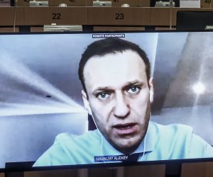 epa08845542 Russian opposition leader Alexey Navalny takes part at a video hearing by European Parliament Foreign Affairs committee in Brussels, Belgium, 27 November 2020. On 17 September 2020, the European Parliament adopted a resolution that strongly condemned the assassination attempt on Alexei Navalny. The parliament noted that the poison used, belonging to the 'Novichok group', could only be developed in state-owned military laboratories and not by private individuals, which strongly suggests that Russian authorities were behind the attack.  EPA/OLIVIER HOSLET