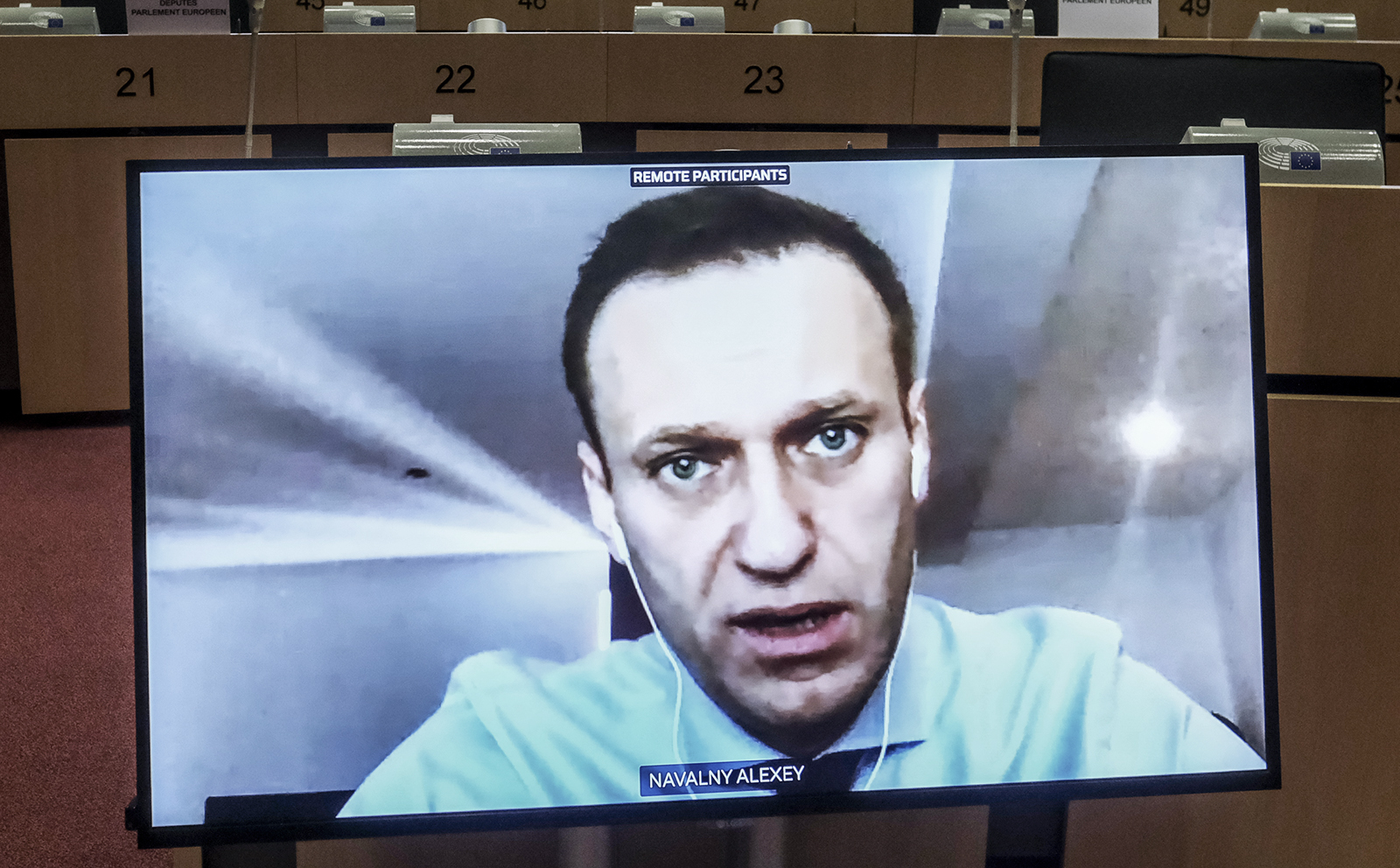 epa08845542 Russian opposition leader Alexey Navalny takes part at a video hearing by European Parliament Foreign Affairs committee in Brussels, Belgium, 27 November 2020. On 17 September 2020, the European Parliament adopted a resolution that strongly condemned the assassination attempt on Alexei Navalny. The parliament noted that the poison used, belonging to the 'Novichok group', could only be developed in state-owned military laboratories and not by private individuals, which strongly suggests that Russian authorities were behind the attack.  EPA/OLIVIER HOSLET