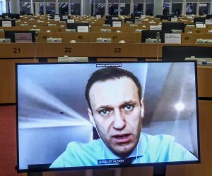 epa08845542 Russian opposition leader Alexey Navalny takes part at a video hearing by European Parliament Foreign Affairs committee in Brussels, Belgium, 27 November 2020. On 17 September 2020, the European Parliament adopted a resolution that strongly condemned the assassination attempt on Alexei Navalny. The parliament noted that the poison used, belonging to the 'Novichok group', could only be developed in state-owned military laboratories and not by private individuals, which strongly suggests that Russian authorities were behind the attack.  EPA/OLIVIER HOSLET