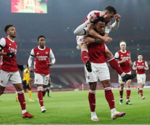 epa08851915 Gabriel of Arsenal (R) celebrates with team-mates after scoring his team's opening goal during the English Premier League soccer match between Arsenal FC and Wolverhampton Wanderers in London, Britain, 29 November 2020.  EPA/Catherine Ivill / POOL EDITORIAL USE ONLY. No use with unauthorized audio, video, data, fixture lists, club/league logos or 'live' services. Online in-match use limited to 120 images, no video emulation. No use in betting, games or single club/league/player publications.