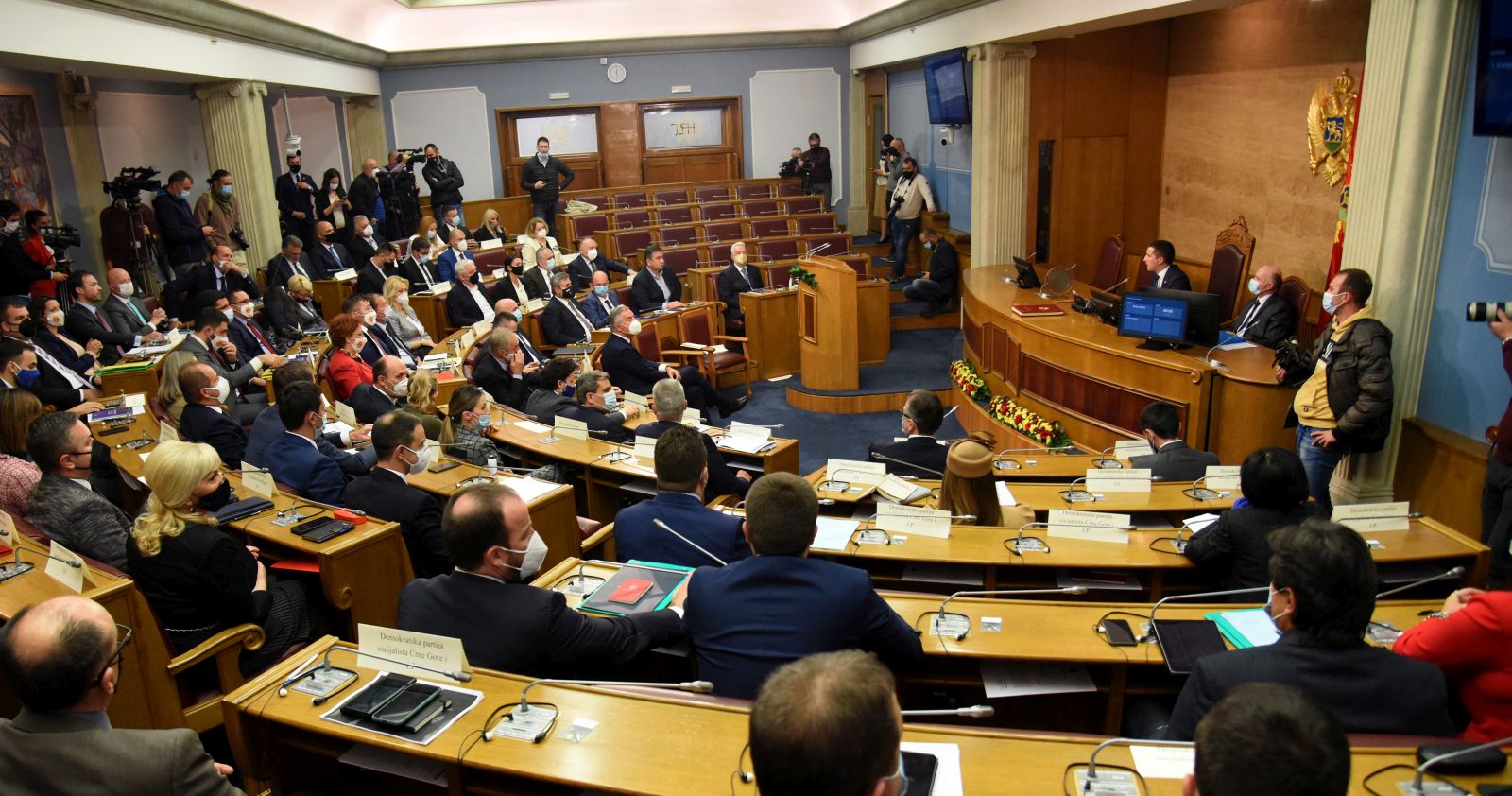epa08857315 Montenegro's Prime Minister-designate Zdravko Krivokapic delivers his plan for a new government to members of parliament in Podgorica, Montenegro, 02 December 2020. After the parliamentary elections on 30 August 2020, the ruling pro-Serb alliance 'For the Future of Montenegro', Civic Movement United Reform Action and coalitions 'Black or white' won the political mandate taking 41 out of the 81seats in the parliament.  EPA/BORIS PEJOVIC