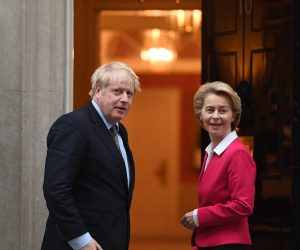 epa08863346 (FILE) - British Prime Minister Boris Johnson (L) welcomes European Commission President Ursula von der Leyen (R) to 10 Downing Street in London, Britain, 08 January 2020 (reissued 05 December 2020). Johnson and von der Leyen are expected to hold a telephone call on 05 December 2020 discuss the future relationship between the UK and the EU after Brexit. British and EU negotiators have paused Brexit talks because they say significant divergences remain and the conditions for a deal between the two sides have not been met. A negotiations phase of eleven months that started on 31 January 2020 following the UK's exit from the EU ends on 31 December 2020.  EPA/ANDY RAIN *** Local Caption *** 55751849