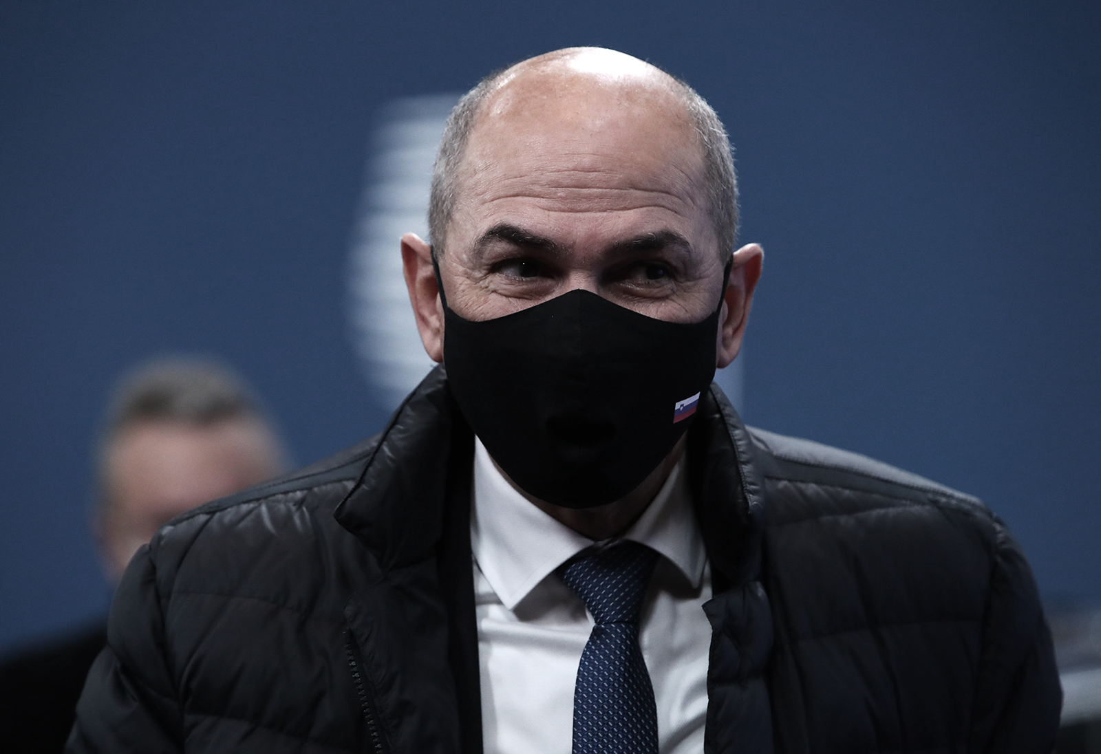 epa08874241 Slovenian Prime Minister Janez Jansa wearing a face mask arrives for the start of a two days face-to-face EU summit, in Brussels, Belgium, 10 December 2020. EU Leader will mainly focus on response to the COVID-19, Multi annual framework (MFF) agreement and new EU emissions reduction target for 2030.  EPA/YVES HERMAN / POOL