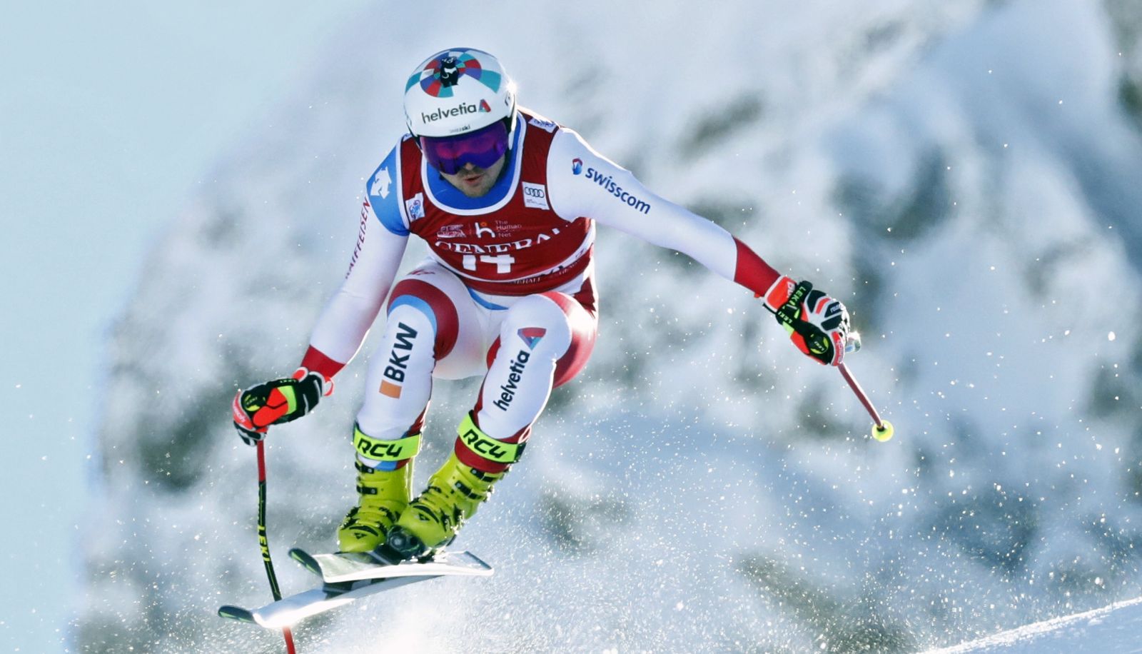 epa08880927 Urs Kryenbuehl of Switzerland speeds down the slope during the Men's Downhill race at the FIS Alpine Skiing World Cup in Val d'Isere, France, 13 December 2020.  EPA/GUILLAUME HORCAJUELO