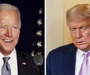 epa08884446 (FILE) - A composite image made of file images shows Democratic candidate Joe Biden (L) speaks at his Election Night event in Wilmington, USA, 03 November 2020, and  US President Donald J. Trump (R) arrives to speak at the White House in Washington, DC, USA, 11 August 2020 (reissued 14 December 2020). The US Electoral College on 14 December 2020 confirmed that Joe Biden has won the majority of Electors' votes following the 03 November presidential election.  EPA/JIM LO SCALZO *** Local Caption *** 56482587
