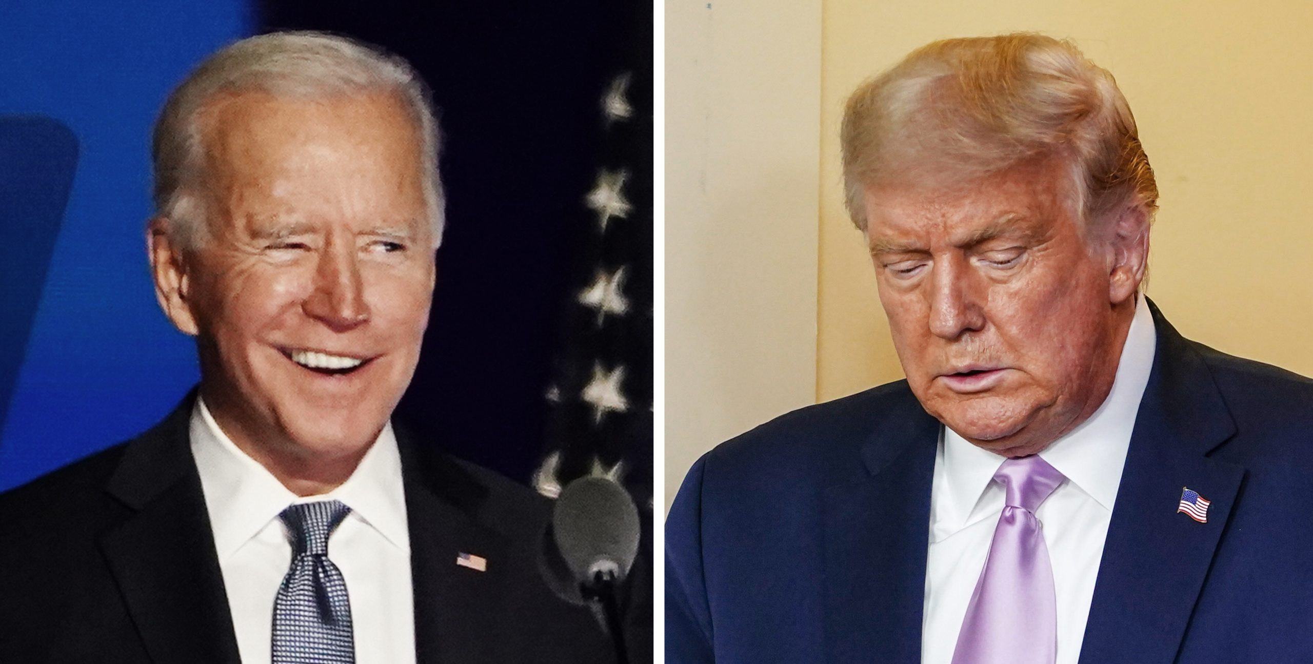 epa08884446 (FILE) - A composite image made of file images shows Democratic candidate Joe Biden (L) speaks at his Election Night event in Wilmington, USA, 03 November 2020, and  US President Donald J. Trump (R) arrives to speak at the White House in Washington, DC, USA, 11 August 2020 (reissued 14 December 2020). The US Electoral College on 14 December 2020 confirmed that Joe Biden has won the majority of Electors' votes following the 03 November presidential election.  EPA/JIM LO SCALZO *** Local Caption *** 56482587