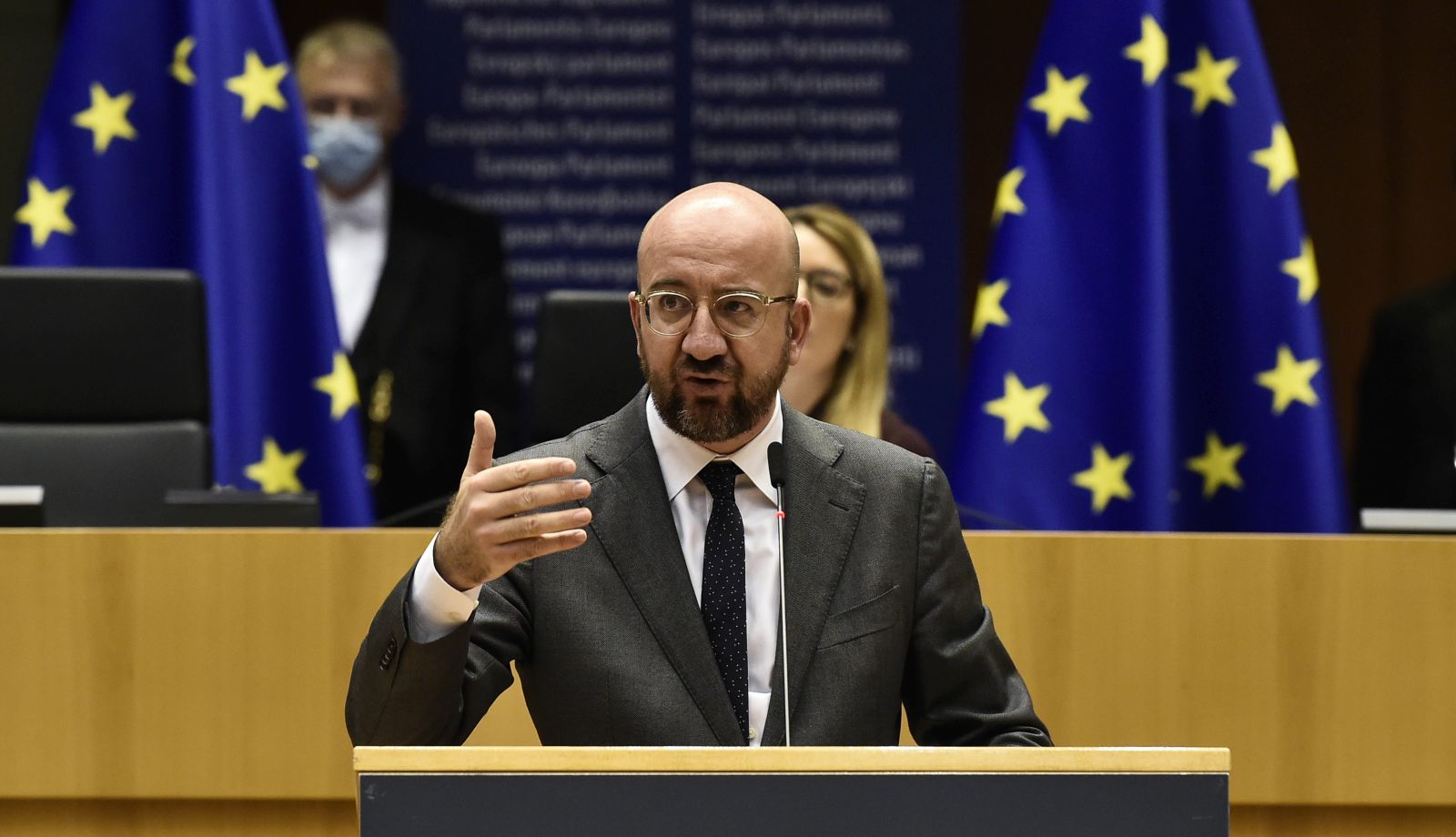 epa08887075 President of the European Council Charles Michel speaks at European Parliament, in Brussels, Belgium, 16 December 2020.  EPA/JOHN THYS / POOL