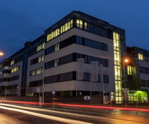 epa08898184 An exterior view during the blue hour of a building of biopharmaceutical company BionTech in Mainz, Germany, 21 December 2020. The European Medicines Agency has approved the conditional use of the Pfizer / BioNTech coronavirus vaccine.  EPA/RONALD WITTEK