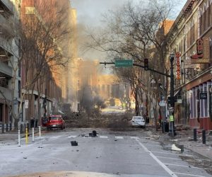 epa08903783 A handout photo made available by the Nashville Police Department shows damage from an explosion that officials believe was an intentional act in Nashville, Tennessee, USA, 25 December 2020. According to reports authorities were alerted to a suspicious vehicle which soon exploded injuring three people and damaging buildings and vehicles nearby. Local police have closed access to the downtown area and are being assisted by agents from the Federal Bureau of Investigation and the Bureau of Alcohol, Tobacco, Firearms and Explosives.  EPA/NASHVILLE POLICE DEPARTMENT / HANDOUT  HANDOUT EDITORIAL USE ONLY/NO SALES