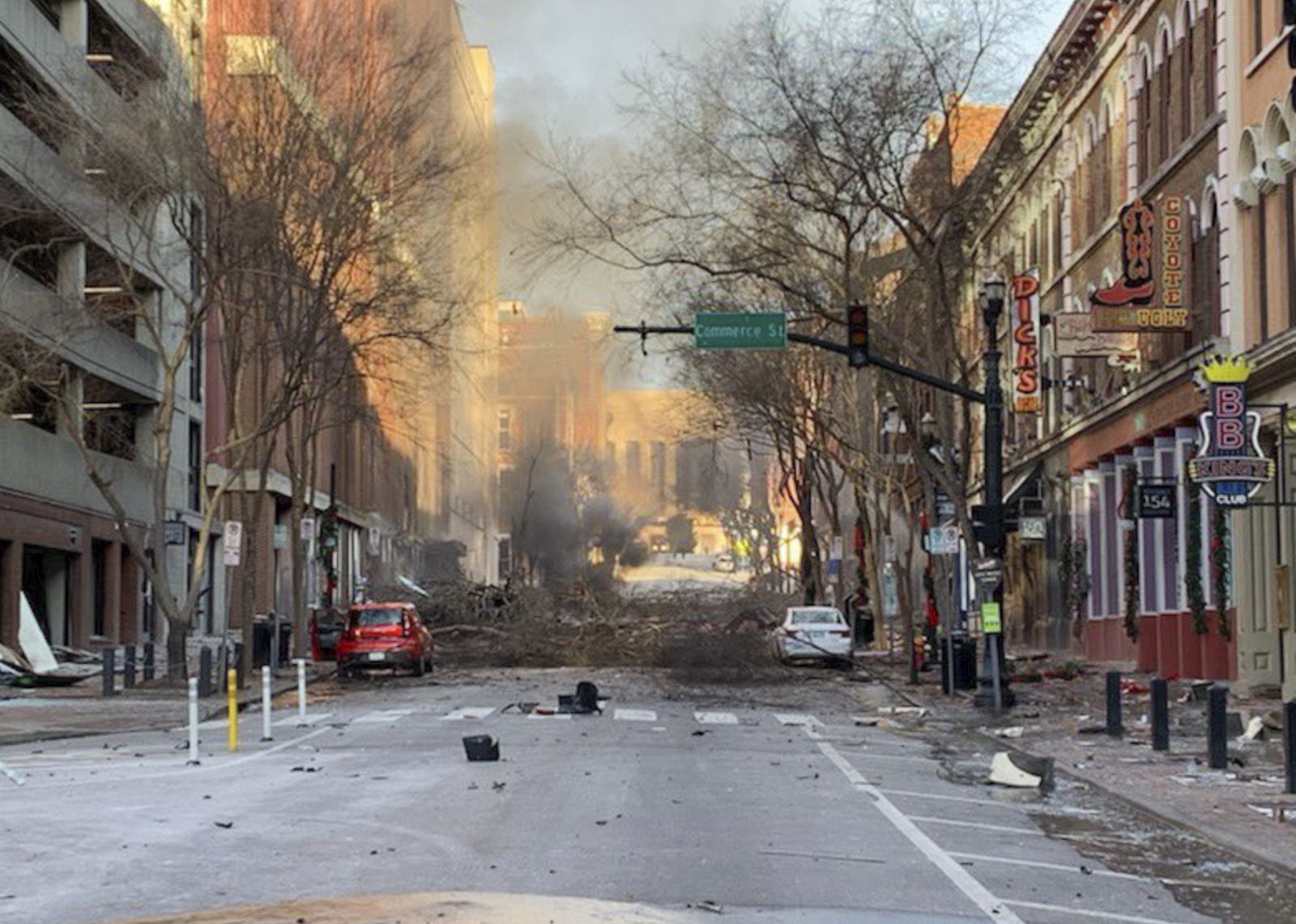 epa08903783 A handout photo made available by the Nashville Police Department shows damage from an explosion that officials believe was an intentional act in Nashville, Tennessee, USA, 25 December 2020. According to reports authorities were alerted to a suspicious vehicle which soon exploded injuring three people and damaging buildings and vehicles nearby. Local police have closed access to the downtown area and are being assisted by agents from the Federal Bureau of Investigation and the Bureau of Alcohol, Tobacco, Firearms and Explosives.  EPA/NASHVILLE POLICE DEPARTMENT / HANDOUT  HANDOUT EDITORIAL USE ONLY/NO SALES