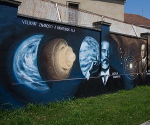 12.06.2019., Osijek - Na zidu osjeckog zatvora u prolazu od Ulice Kardinala Alojzija Stepinca prema Gornjogradskoj trznici nalazi mural sa pet istaknutih hrvatskih znanstvenika svjetskog glasa: Nikola Tesla, Rudjer Boskovic, Rudolf Steiner, Milutin Milankovic i Andrija Mohorovicic.  Photo: Davor Javorovic/PIXSELL