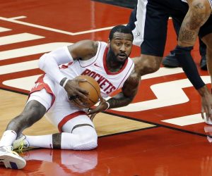 NBA: Preseason-San Antonio Spurs at Houston Rockets Dec 15, 2020; Houston, TX, USA; Houston Rockets guard John Wall (1) comes up with a loose ball in front of San Antonio Spurs forward LaMarcus Aldridge (12) during the first half. Mandatory Credit: Mike Wyke/Pool Photo via USA TODAY Sports Mike Wyke