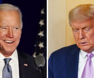 epa08884446 (FILE) - A composite image made of file images shows Democratic candidate Joe Biden (L) speaks at his Election Night event in Wilmington, USA, 03 November 2020, and  US President Donald J. Trump (R) arrives to speak at the White House in Washington, DC, USA, 11 August 2020 (reissued 14 December 2020). The US Electoral College on 14 December 2020 confirmed that Joe Biden has won the majority of Electors' votes following the 03 November presidential election.  EPA/JIM LO SCALZO *** Local Caption *** 56482587