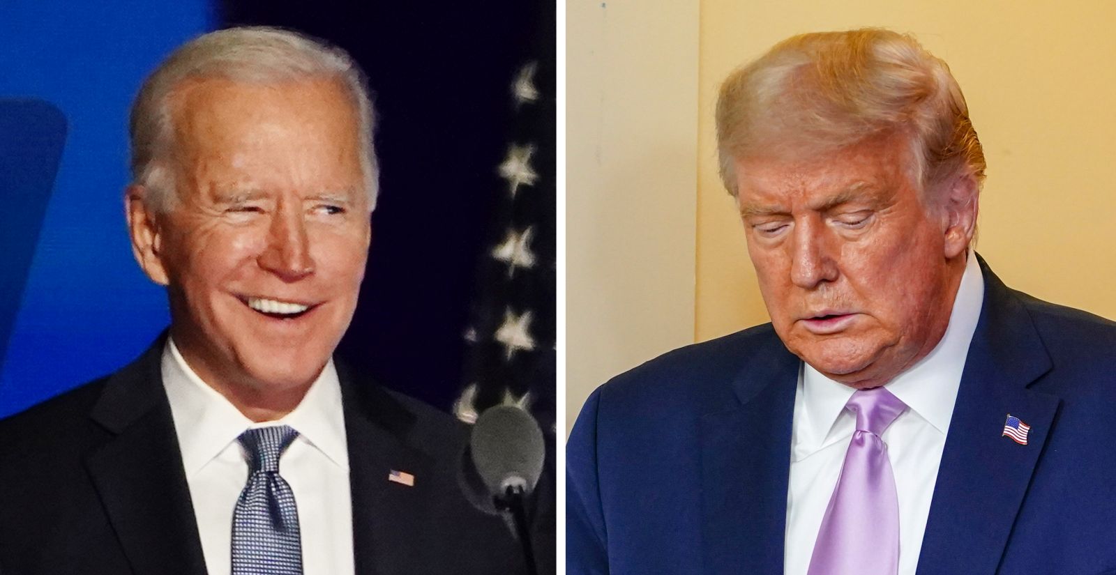 epa08884446 (FILE) - A composite image made of file images shows Democratic candidate Joe Biden (L) speaks at his Election Night event in Wilmington, USA, 03 November 2020, and  US President Donald J. Trump (R) arrives to speak at the White House in Washington, DC, USA, 11 August 2020 (reissued 14 December 2020). The US Electoral College on 14 December 2020 confirmed that Joe Biden has won the majority of Electors' votes following the 03 November presidential election.  EPA/JIM LO SCALZO *** Local Caption *** 56482587