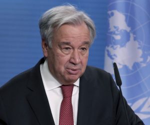 epa08889992 UN Secretary-General Antonio Guterres and German Foreign Minister Heiko Maas (not pictured) give a press conference after a meeting in Berlin, Germany, 17 December 2020.  EPA/Michael Sohn / POOL