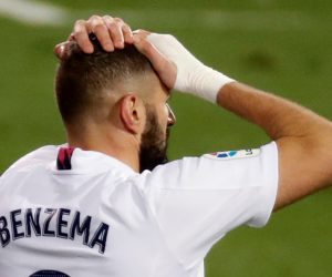 epa08896931 Real Madrid's striker Karim Benzema reacts during the Spanish LaLiga soccer march between SD Eibar and Real Madrid held at Ipurua Stadium in Eibar, Spain, 20 December 2020.  EPA/Juan Herrero