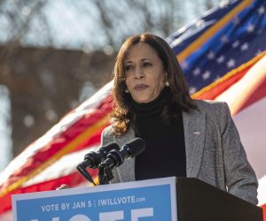 epa08898750 US Vice President-elect Kamala Harris speaks during a car rally in Columbus, Georgia, USA, 21 December 2020. Vice President-elect Harris was in Georgia stumping for US Senate Democratic candidates Jon Ossoff and Rev. Rahpael Warnock.  EPA/Alyssa Pointer / POOL