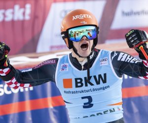 epa08926251 Filip Zubcic of Croatia reacts in the finish area during the second run of the men's giant slalom race at the FIS Alpine Skiing World Cup event in Adelboden, Switzerland, 08 January 2021.  EPA/PETER SCHNEIDER