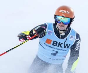 epa08926252 Filip Zubcic of Croatia reacts in the finish area during the second run of the men's giant slalom race at the FIS Alpine Skiing World Cup event in Adelboden, Switzerland, 08 January 2021.  EPA/PETER SCHNEIDER