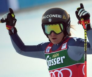 epa08927715 Sofia Goggia of Italy reacts in the finish area during the Women’s Downhill race at the FIS Alpine Skiing World Cup in St. Anton am Arlberg, Austria, 09 January 2021.  EPA/ANGELIKA WARMUTH
