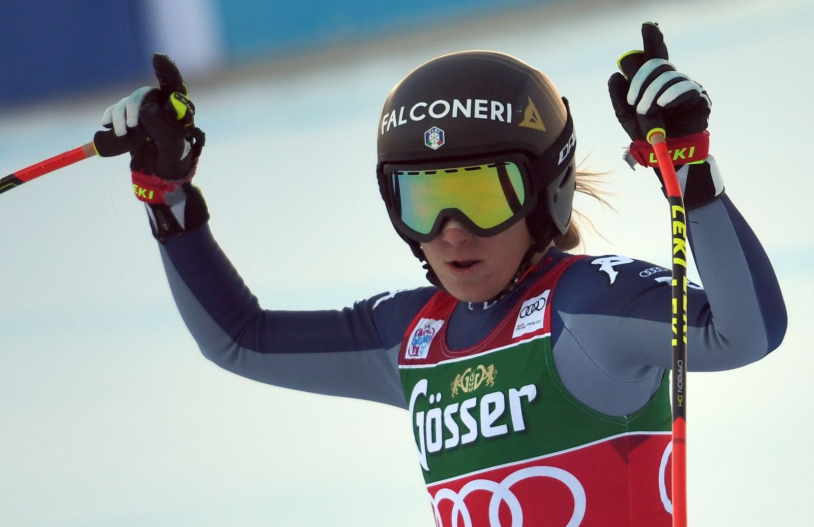 epa08927715 Sofia Goggia of Italy reacts in the finish area during the Women’s Downhill race at the FIS Alpine Skiing World Cup in St. Anton am Arlberg, Austria, 09 January 2021.  EPA/ANGELIKA WARMUTH