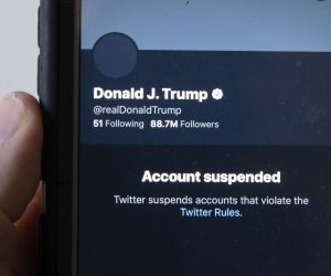epa08928326 A mobile phone displays the suspended status of the Twitter account of US President Donald J. Trump, in Washington, DC, USA, 09 January 2021. Twitter made the decision to ban the account after Trump incited a mob of his supporters to riot on the US Capitol in an attempt to stop Congress from counting the electoral college votes, causing  chaos and several fatalities. Twitter issued a statement saying the company 'permanently suspended the account due to the risk of further incitement of violence'.  EPA/MICHAEL REYNOLDS