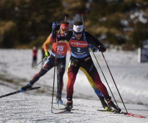 epa08895530 Sturla Holm Laegreid of Norway in action during the Men’s 15km Mass Start race at the IBU Biathlon World Cup in Hochfilzen, Austria, 20 December 2020.  EPA/CHRISTIAN BRUNA