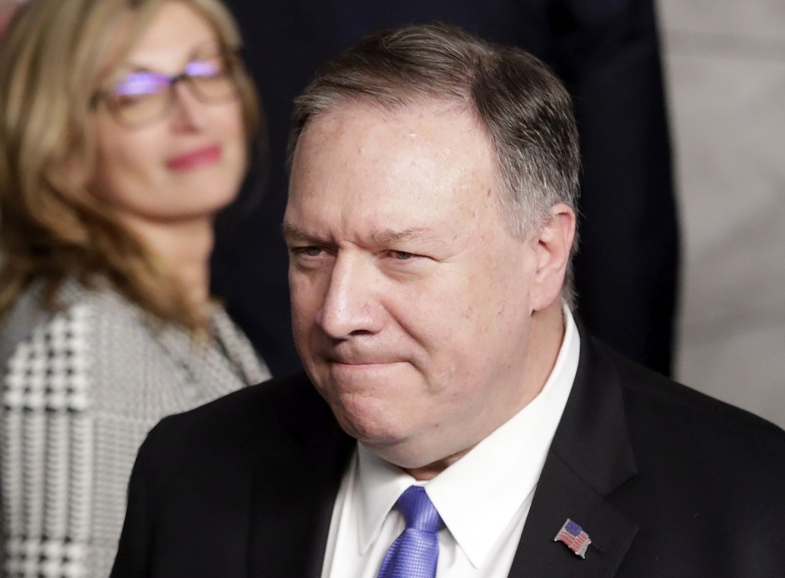 epa08933373 (FILE) - US Secretary of State Mike Pompeo during family picture at NATO foreign ministers meeting in Brussels, Belgium, 20 November 2019 (reissued 12 January 2021). The US State Separtment on 12 January 2021 announced that State Secretay Mike Pompeo's trip to Belgium has been cancelled. The trip was scheduled for 13-14 January.  EPA/OLIVIER HOSLET *** Local Caption *** 55648040