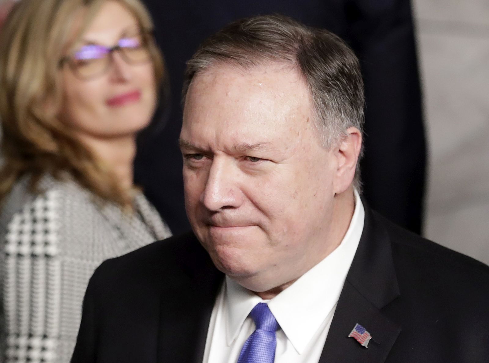 epa08933373 (FILE) - US Secretary of State Mike Pompeo during family picture at NATO foreign ministers meeting in Brussels, Belgium, 20 November 2019 (reissued 12 January 2021). The US State Separtment on 12 January 2021 announced that State Secretay Mike Pompeo's trip to Belgium has been cancelled. The trip was scheduled for 13-14 January.  EPA/OLIVIER HOSLET *** Local Caption *** 55648040