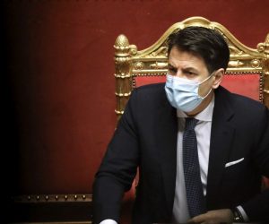 epa08949115 Giuseppe Conte, Italy's prime minister, listens during a debate in the Senate in Rome, Italy, 19 January 2021. Following the resignation of two ministers in Italian Prime Minister Conte's coalition government over a dispute on spending of EU funds during the pandemic, the Italian government is on the verge of another crisis.  EPA/Alessia Pierdomenico / POOL