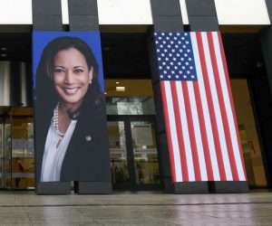epa08950828 A view of posters of US President-elect Joe Biden and Vice President-elect Kamala Harris on the facade of the Marshal Office of the Wielkopolska Region in Poznan, west-central Poland, 20 January 2021. Biden will be sworn in as the 46th President of the United State during a ceremony at the US Capitol on 20 January. POLAND OUT