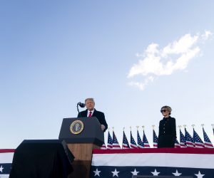 epa08952510 U.S. President Donald Trump speaks during a farewell ceremony at Joint Base Andrews, Maryland, U.S., on 20 January 2021. Trump departed Washington before the inauguration of Joe Biden as US President in Washington, DC, USA, 20 January 2021. Biden won the 03 November 2020 election to become the 46th President of the United States of America.  EPA/Stefani Reynolds / POOL