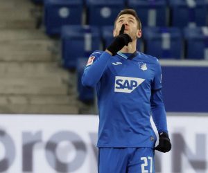 epa08962683 Hoffenheim's Andrej Kramaric celebrates scoring the first goal during the German Bundesliga soccer match between TSG 1899 Hoffenheim and 1. FC Cologne in Sinsheim, Germany, 24 January 2021.  EPA/RONALD WITTEK CONDITIONS - ATTENTION: The DFL regulations prohibit any use of photographs as image sequences and/or quasi-video.