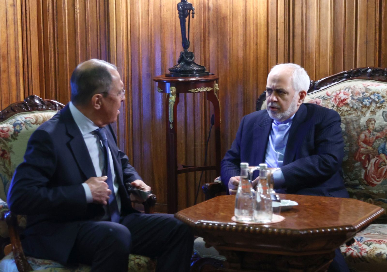 epa08966080 A handout photo made available by the press service of the Russian Foreign Affairs Ministry shows Russian Foreign Minister Sergei Lavrov (L) and Iranian Foreign Minister Mohammad Javad Zarif (R) during their meeting in Moscow, Russia, 26 January 2021. The Iranian minister is on a working visit to Moscow.  EPA/RUSSIAN FOREIGN AFFAIRS MINISTRY HANDOUT -- MANDATORY CREDIT -- HANDOUT EDITORIAL USE ONLY/NO SALES