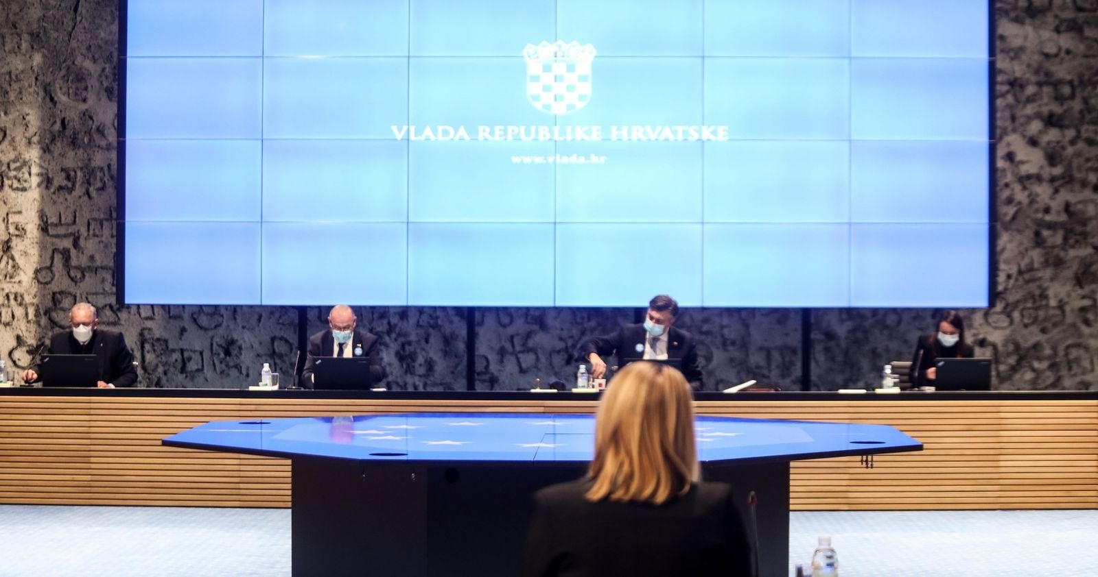 07.01.2021., Zagreb - U Nacionalnoj i sveucilisnoj knjiznici odrzana je sjednica Vlade. Davor Bozinovic, potpredsjednik Vlade i ministar unutarnjih poslova, Tomo Medved, potpredsjednik Vlade i ministar branitelja, Andrej Plenkovic, predsjednik Vlade Photo: Marin Tironi/PIXSELL