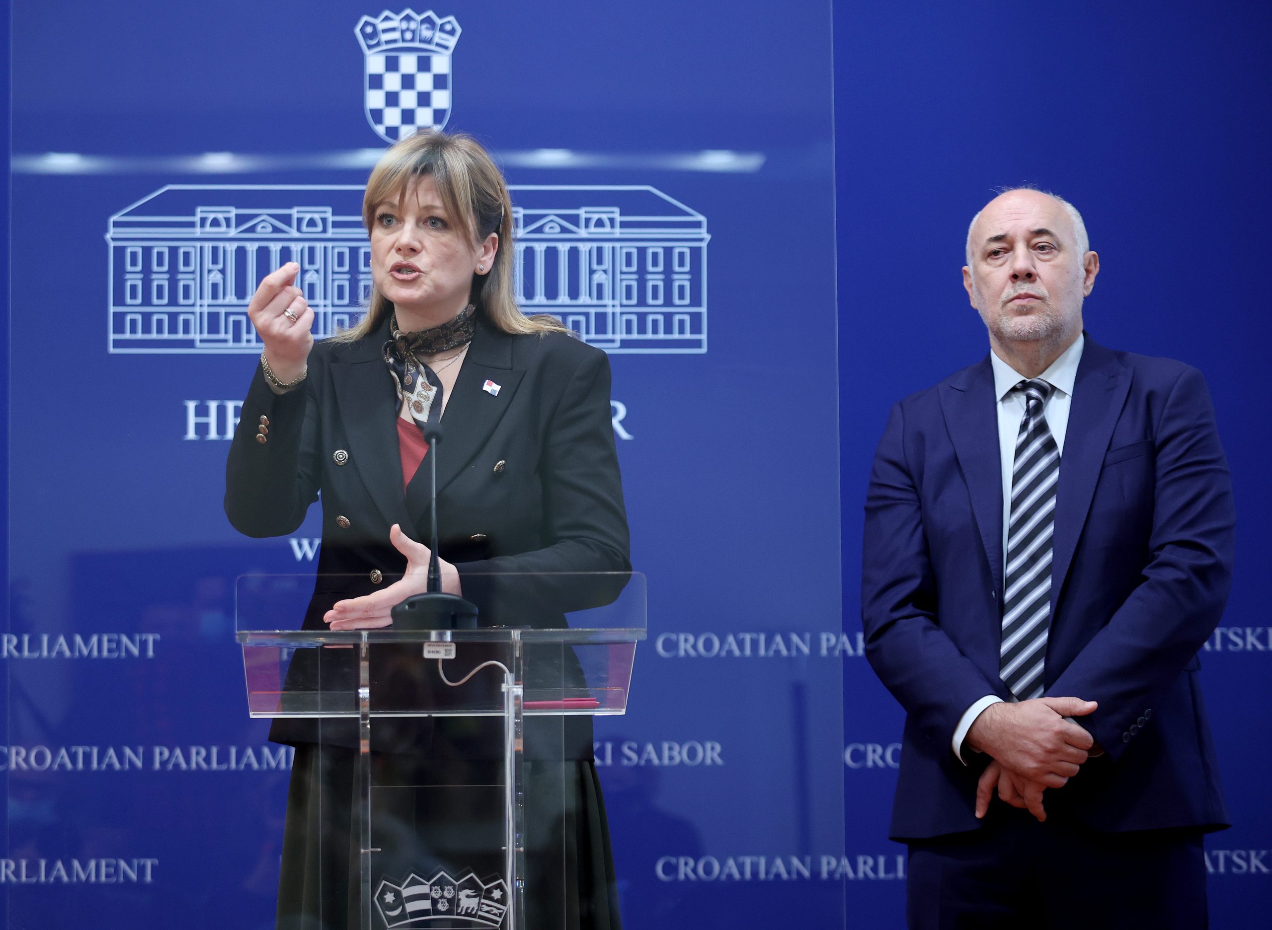 07.01.2021., Zagreb - Saborska zastupnica Karolina Vidovic Kristo i zastupnik Milan Vrkljan odrzali su konferenciju za medije u Hrvatskom saboru. Photo: Marko Prpic/PIXSELL